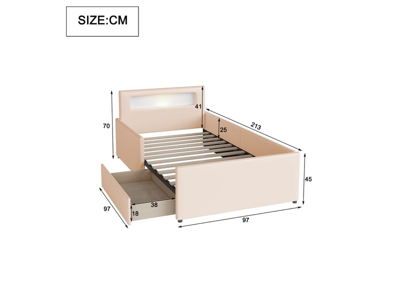 Lit enfant 90x200 cm avec led, tiroir, port usb, sommier, cuir artificiel beige, sans matelas - Conforama C