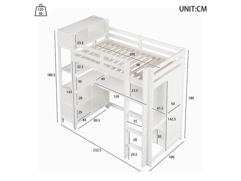  Lit mezzanine blanc 90x200cm avec rangement, armoire, bureau et étagères, gain de place, durable - bois massif - pour enfant ado  - Conforama E