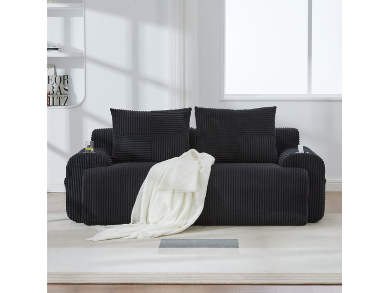  Canapé modulaire 2 places avec porte-gobelets et poche latérale en velours côtelé noir  - Conforama B