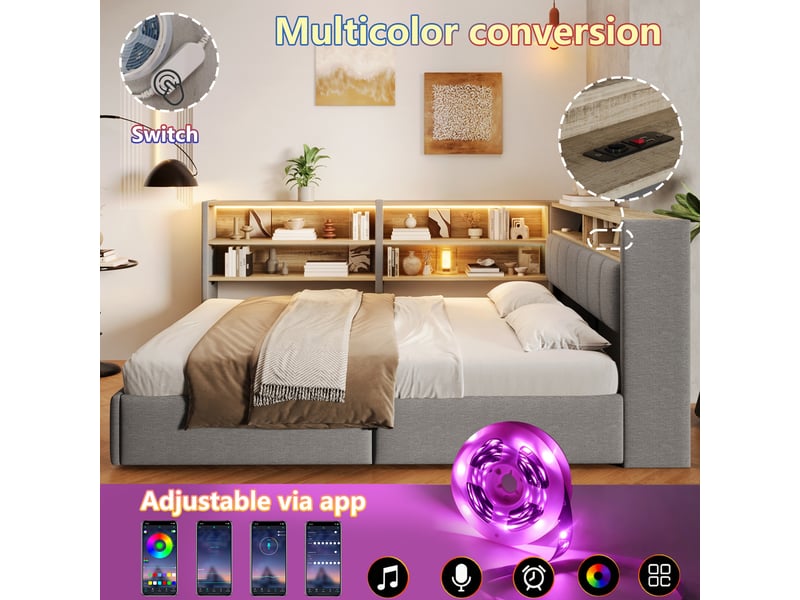  Lit banquette coffre rembourré 140x200 cm, rangement hydraulique, meuble latéral réversible, led rgb, ports usb-a et usb-c, velours gris Radiant Stride - Conforama E