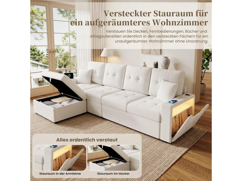  Canapé d'angle modulable 4 places beige avec pouf de rangement, ports usbtype-c et éclairage led, tissu lin respirant  - Conforama E