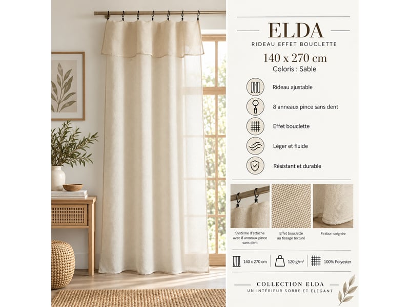  Rideau ajustable + 8 anneaux pince 140 x 270 cm polyester effet bouclette elda sable 15666 - Conforama E