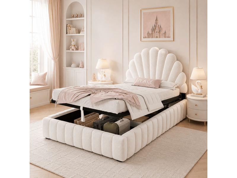  Lit coffre 90x200 cm - avec rangement - en velours - beige CARDUME ESTIVAL - Conforama B
