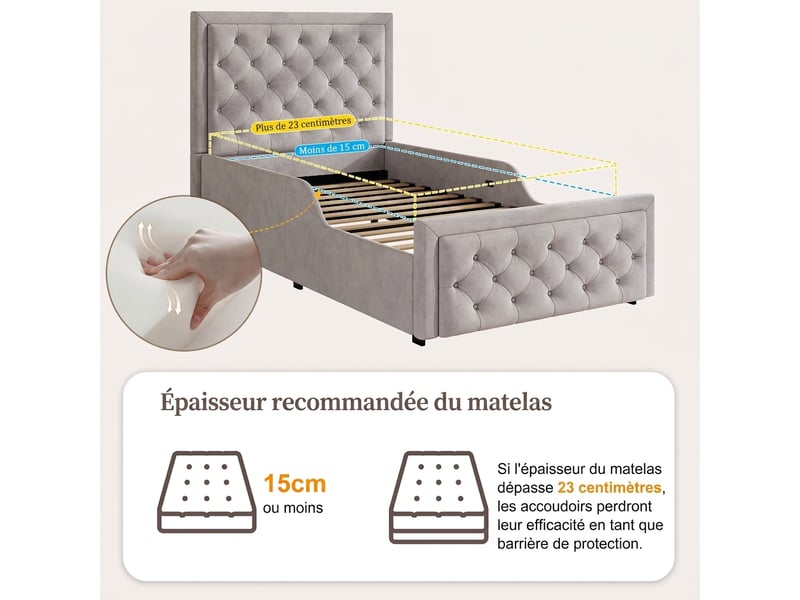 Lit enfant 90x200 lit coffre avec rangement velours gris sommier inclus  - Conforama E