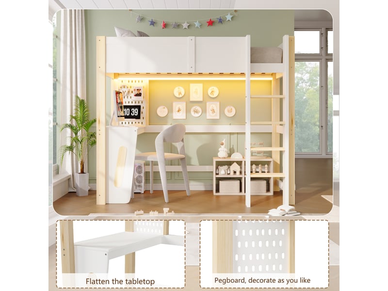  Lit mezzanine enfant 90x200cm en pin avec bureau,panneau perforé,éclairage led,lit superposé simple avec barrières,sans matelas,naturel  - Conforama E