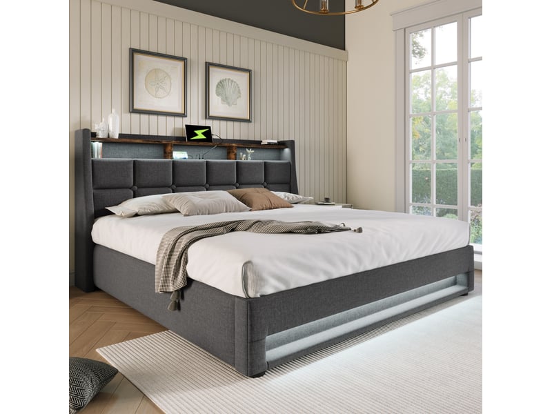  Lit coffre tcqpz 160 x 200 cm avec usb et led gris en lin sommier à lattes cadre métal  - Conforama E