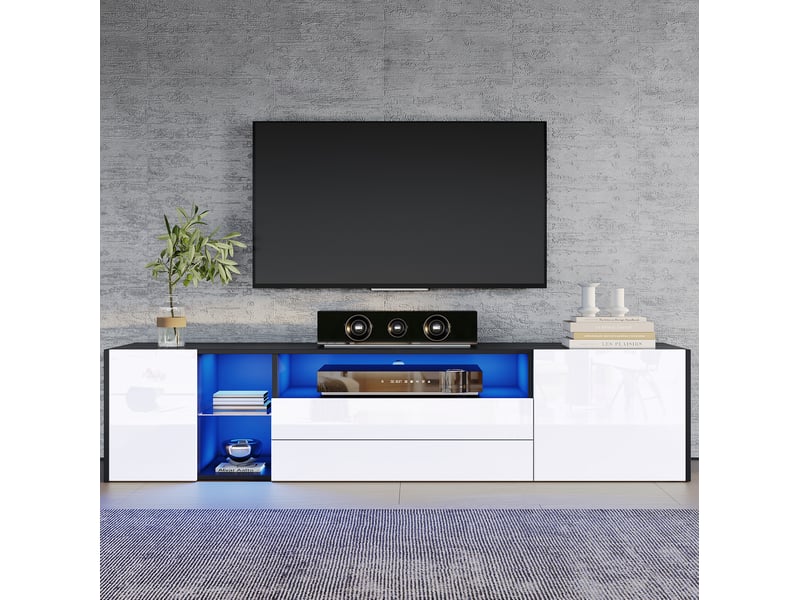  Meuble tv 180 x 40 x 45 cm avec led, 2 tiroirs, 2 placards, blanc et noir  - Conforama B
