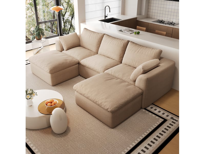  Canapé panoramique en u 5 places 245x155x83 cm en tissu lin kaki  - Conforama E