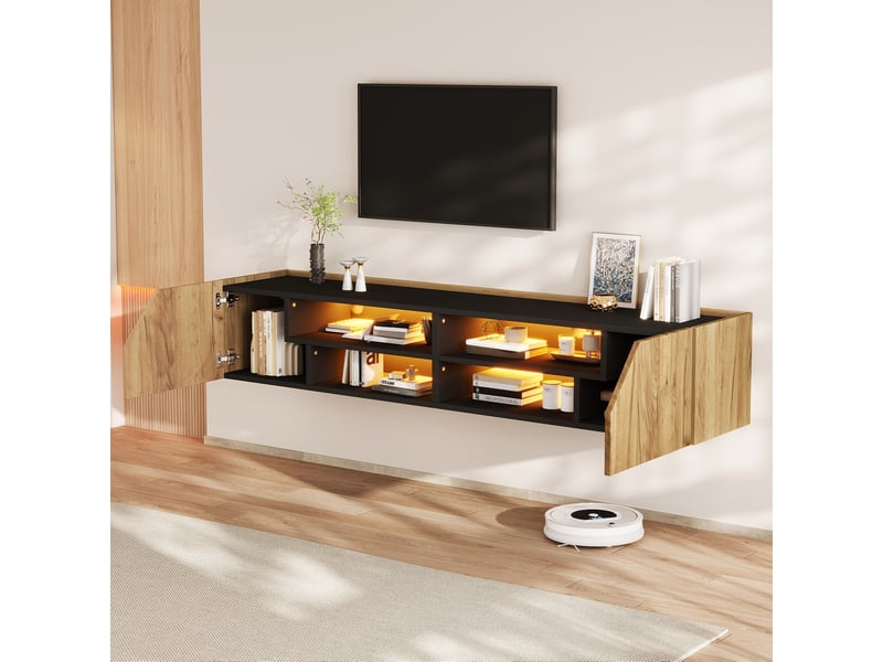  Meuble tv mural avec led rgb bluetooth noir et bois, 180x36,5x40 cm  - Conforama W