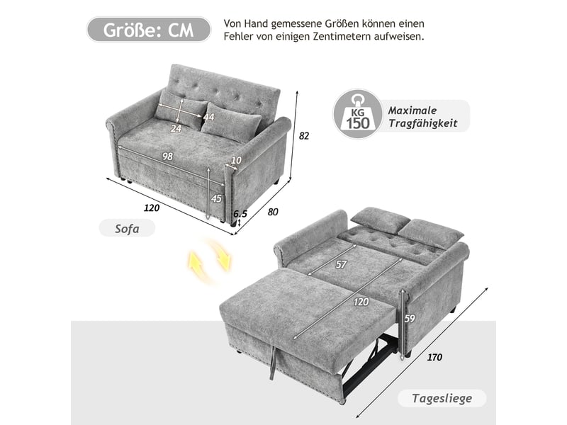 Canapé-lit convertible 3-en-1 2 places 120x80x82 cm avec couchage 170x98 cm, dossier réglable 3 positions, 2 coussins, chenille gris - Conforama D
