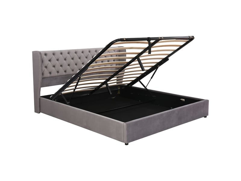  Lit double capitonné 180 x 200cm tête de lit réglable lit adult double cadre de lit en velours gris avec sommier à lattes lit coffre  - Conforama D