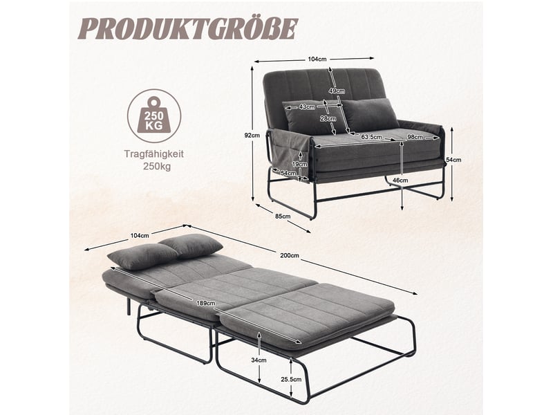  Canapé convertible 2 places avec poches latérales et coussin lombaire, en chenille grise, 104 × 85 × 92 cm  - Conforama D