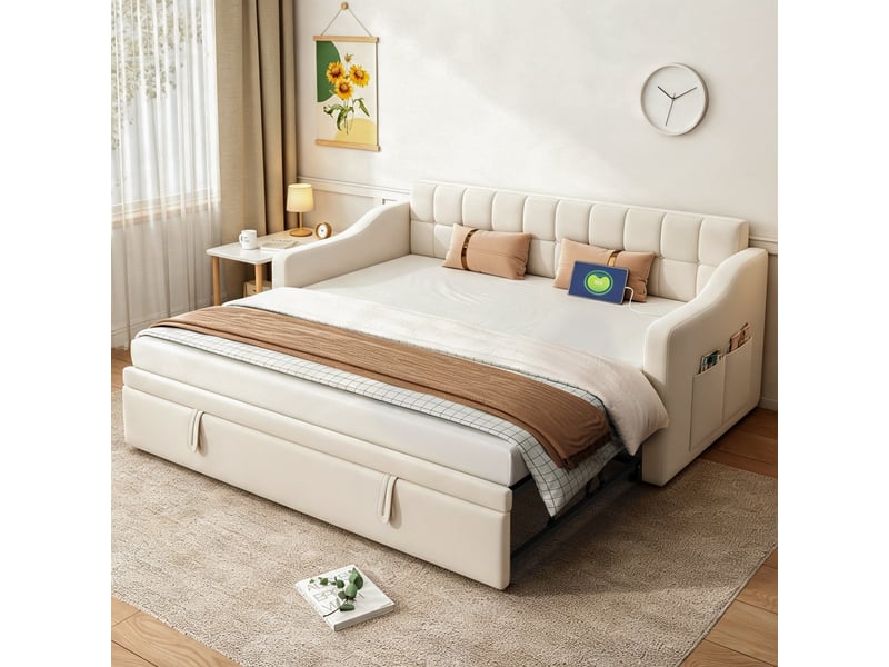 Canapé-lit convertible 90/180x190 cm, tiroir gigogne, rangements, ports usb, velours beige, sans matelas - Conforama B