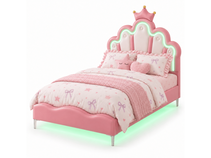 Lit enfant 90x200 - éclairage led rgb - lit fille princesse avec tête de lit réglable - décor couronne -similicuir - lit enfant 90x200 avec led réglables -lit fille avec tête de lit en forme de couronne -sommier à lattes -lit un… - Conforama A