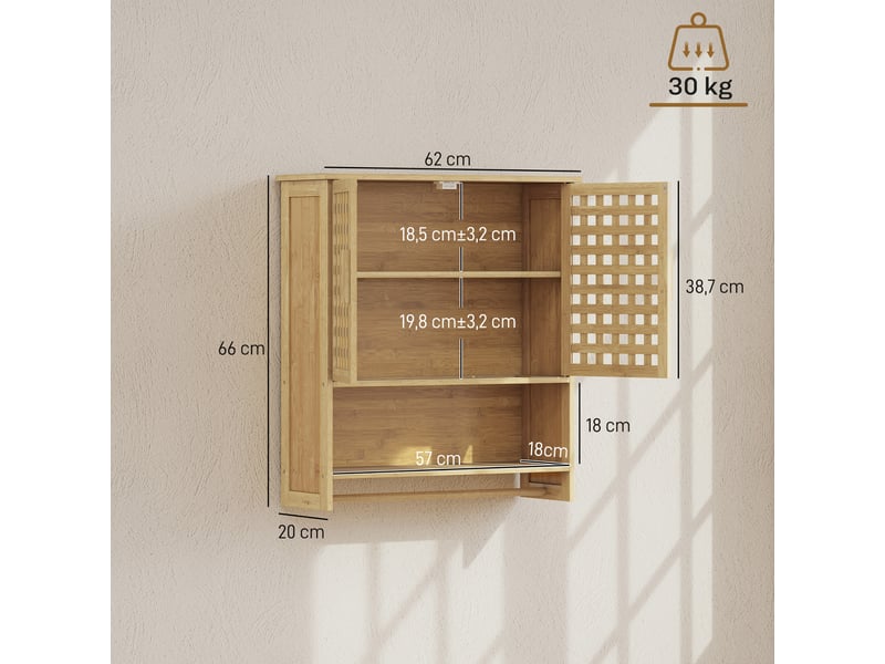  Armoire murale de salle de bain en bambou avec 2 portes ajourées, compartiment ouvert et étagère réglable, bois naturel  - Conforama C