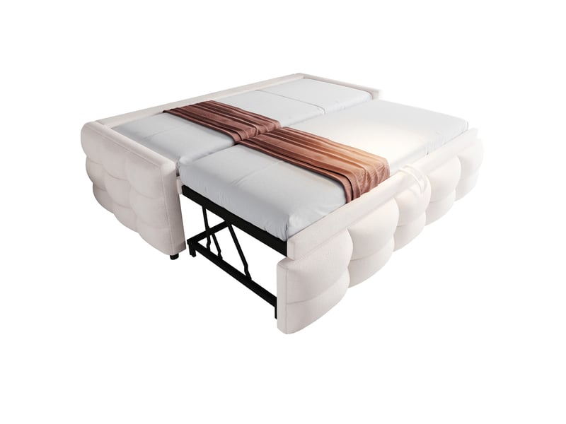  Canapé-lit extensible 90180*190cm, lit capitonné, pouf, tissu teddy, coloris beige, livré sans matelas.  - Conforama A