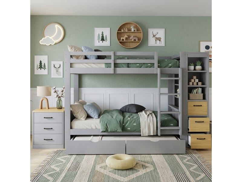  Lit superposé enfant 90 x 200 cm en bois, 2 tiroirs, meuble de rangement latéral, chevet mobile, échelle, gris evarich - Conforama E