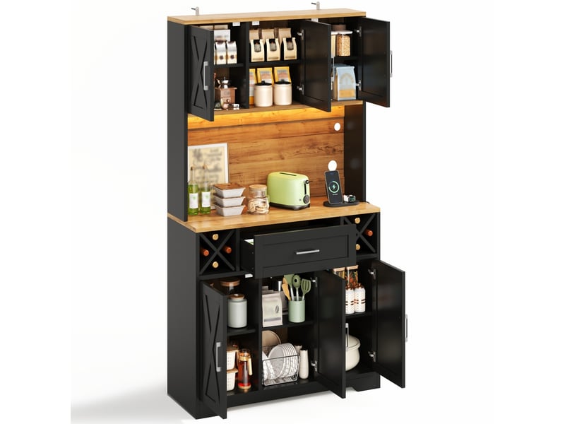 Vaisselier haut meuble de cuisine avec éclairage led rgb range bouteilles et prises électriques 105x40x180 cm - Conforama A