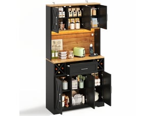 Vaisselier haut meuble de cuisine avec éclairage led rgb range bouteilles et prises électriques 105x40x180 cm