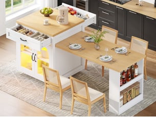 Îlot de cuisine avec éclairage led, meuble de cuisine buffet avec 2 tiroirs et étagères réglables, 126x59x94cm, blanc