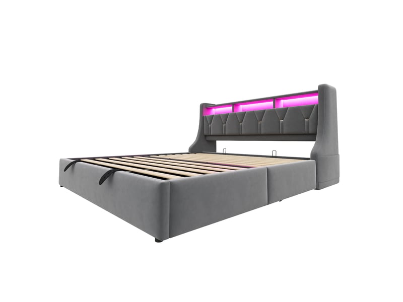 Lit double coffre 180x200 cm - lit coffre avec rangement hydraulique - tête de lit led, usb & type-c - gris - Conforama W