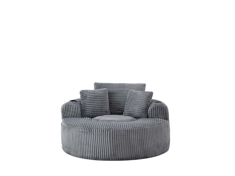 Fauteuil lounge rond 1 place en velours côtelé gris avec porte-gobelets - Conforama D