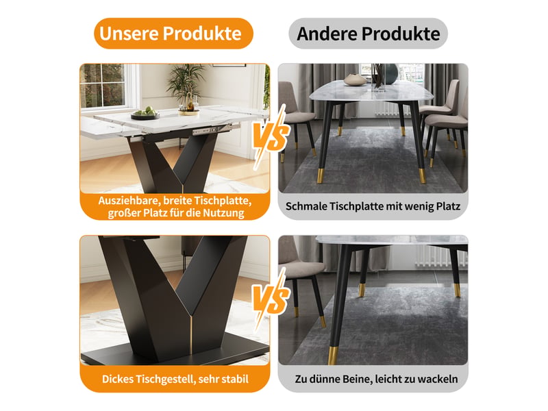  Table à manger extensible avec pieds en v - lpospi - plateau large, mdf effet marbre blanc et noir 99–159 × 75 × 75 cm  - Conforama E
