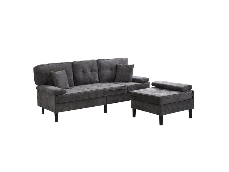  Canapé d'angle modulable 195x149x86 cm convertible avec pouf mobile, 3 places, bois, gris antique, pouf mobile et les  - Conforama A