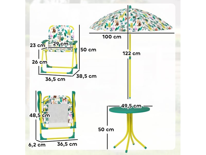  Salon de jardin enfant 4 pièces 49,5 cm vert en polyester, table, 2 chaises pliantes et parasol réglable  - Conforama C