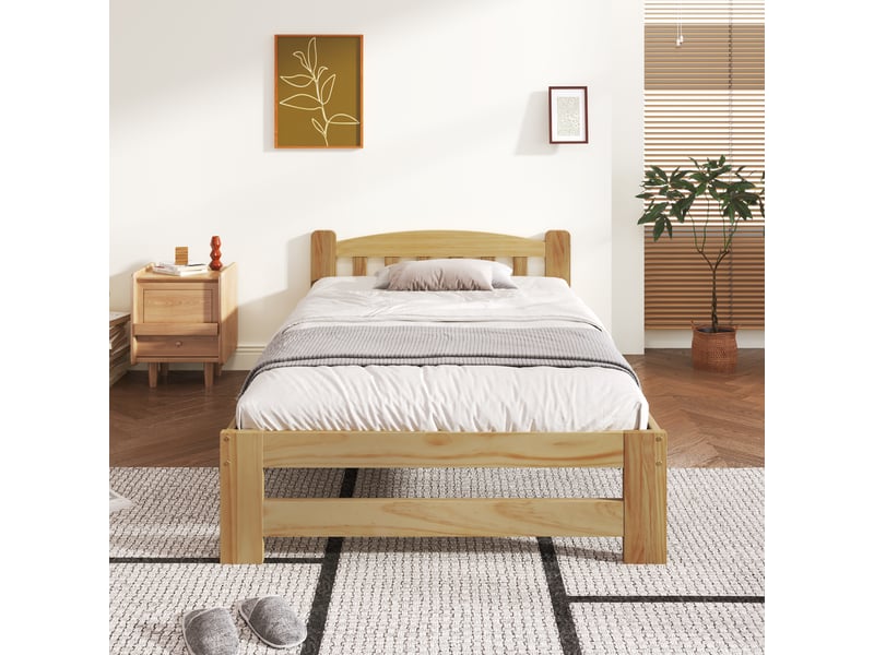  90x200 cm lit enfant capitonné avec tête de lit, lit simple en bois massif avec sommier à lattes, lit simple, couleur naturelle  - Conforama A