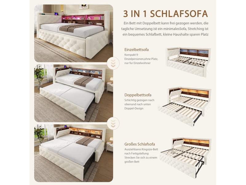  Banquette-lit extensible, 90x190 cm, avec rangement, led, usb et type c, matelas non inclus, velours, coloris beige  - Conforama D
