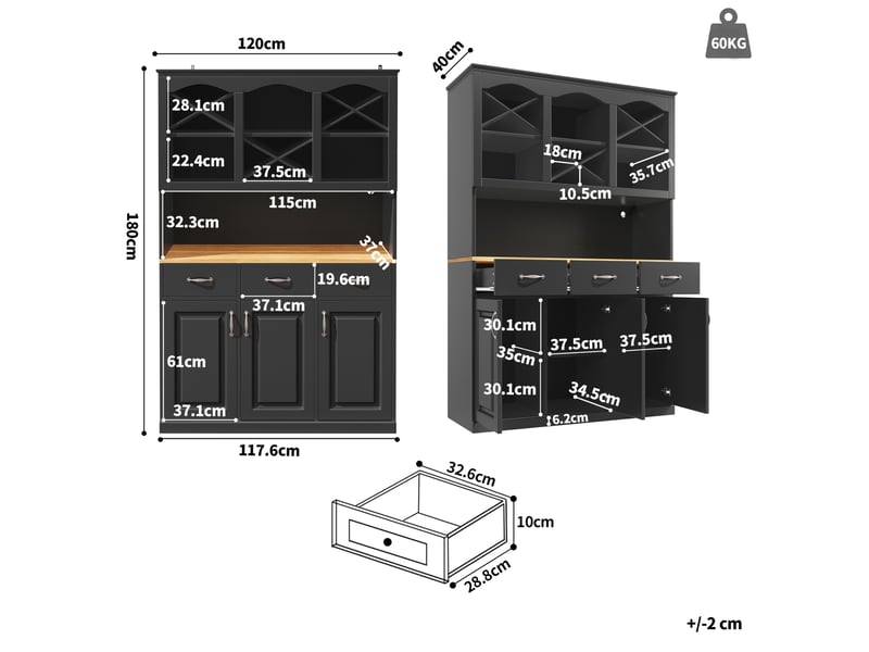 Buffet de cuisine haut 120x40x180 cm – noir – 3 portes, 3 tiroirs et éclairage led multicolore piloté par application  - Conforama C