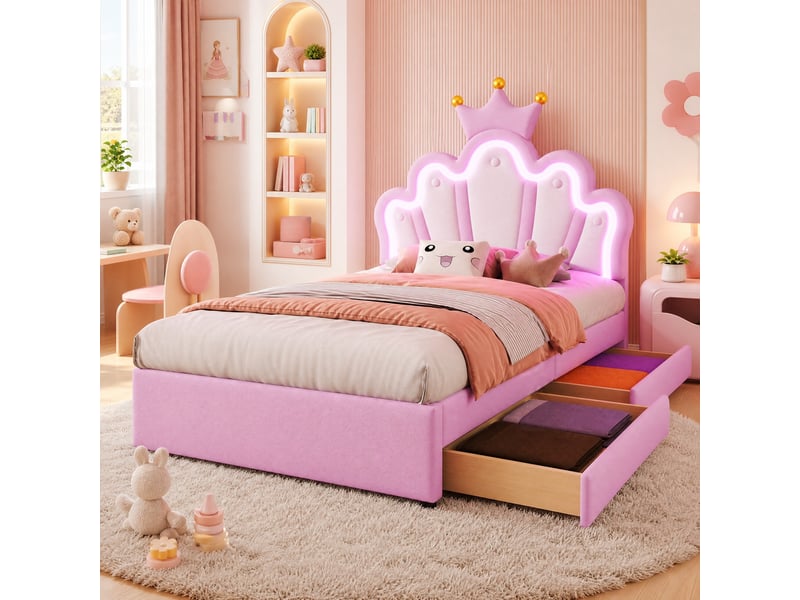  Lit enfant 90 x 200 cm rose avec éclairage led télécommandé, 2 tiroirs, tête de lit couronne et réglable, sans matelas  - Conforama D