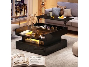 Table basse relevable 80 x 80 x 45 cm avec rangement caché, 2 tiroirs, éclairage LED, verre trempé, noir