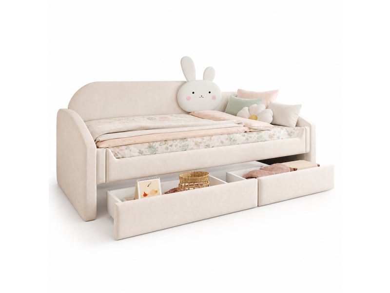  Lit enfant 90x200 cm avec 2 tiroirs et éclairage led en velours beige  - Conforama A