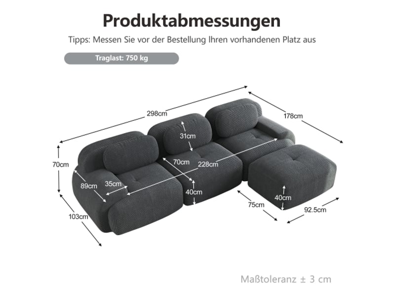 Canapé d'angle modulable sans montage – velours gris côtelé, accoudoirs xxl, ergonomique et résistant aux griffes - Conforama C