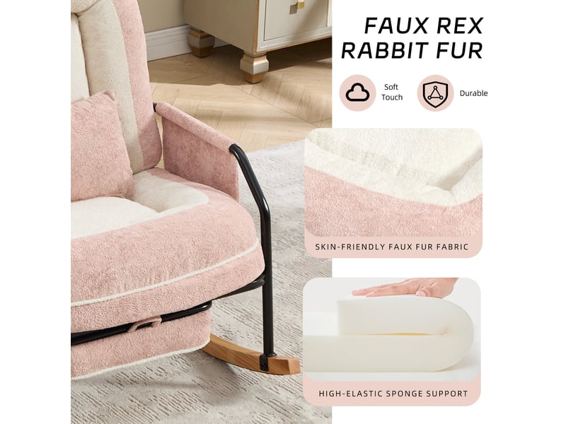 Fauteuil à bascule rose en tissu, dossier réglable de 100 à 160° avec repose-pieds et poches latérales - Conforama D