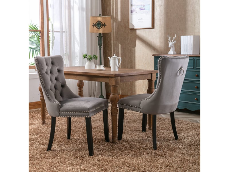  Lot de 2 chaises médaillon en velours gris assise capitonnée pieds bois  - Conforama D