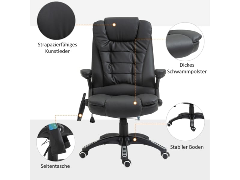Chaise de bureau ergonomique avec massage, dossier haut, similicuir noir, pivotante - Conforama B