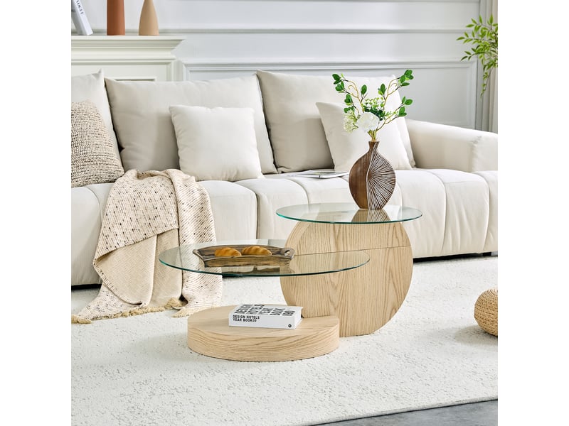  Table basse ronde à deux niveaux avec plateau en verre - lpospi - rangement mdf et verre - bois  - Conforama B