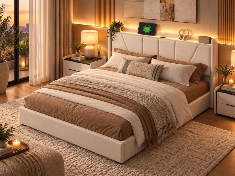  Lit coffre 140x200 cm - ports usb + type-c - tête de lit avec étagère - sommier relevable  - Conforama B