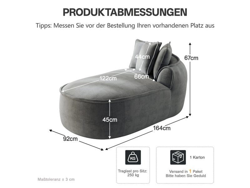 Canapé méridienne droit 2 places en chenille gris avec coussins, assise profonde 122 cm et accoudoirs larges - Conforama C