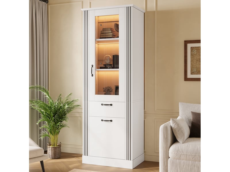 Buffet 62x41x180,5 cm avec éclairage led contrôlé par application, porte miroir, tiroir, panneau de particules, blanc - Conforama B