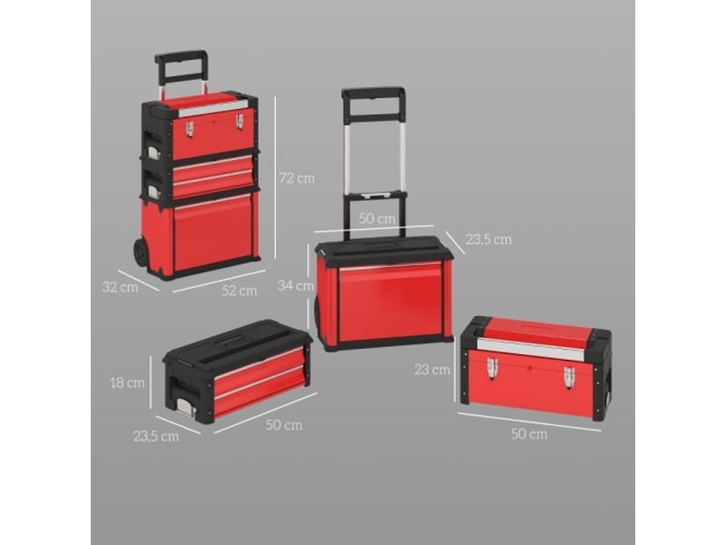  Chariot d'atelier rouge en acier avec coffre à outils, 3 modules modulables, rangement roulant avec poignée pour atelier et garage  - Conforama B