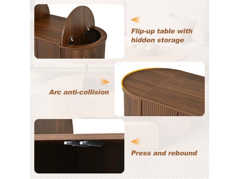 Table basse ovale 100x50x35 cm - rangements avec ouvertures relevables - mdf et panneaux de particules - noyer CozyNest - Conforama E