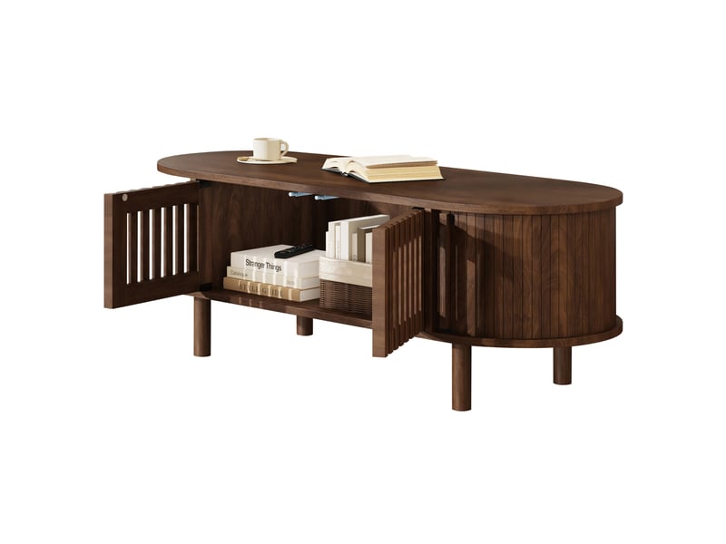  Table basse ovale 100 x 40 x 38 cm noyer mdf, 2 portes à lamelles, porte coulissante et rangement  - Conforama A