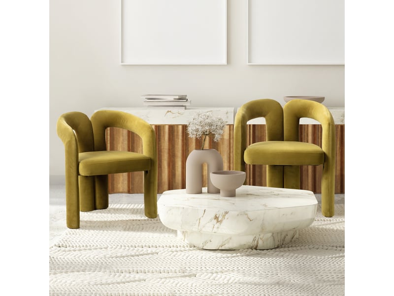  Chaise de salle à manger rembourrée avec dossier arrondi, accoudoirs et structure stable, en velours, vert olive  - Conforama B