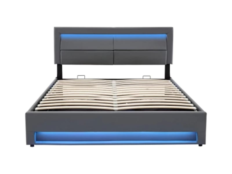  Lit rembourré 140×190, usb, led + rangement, pu lychee, gris, sans matelas  - Conforama A