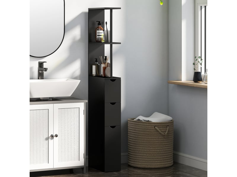 Meuble colonne salle de bain armoire de salle de bain avec tiroirs étagères ouvertes placard noir 15 x 33 x 136,8 cm - Conforama D