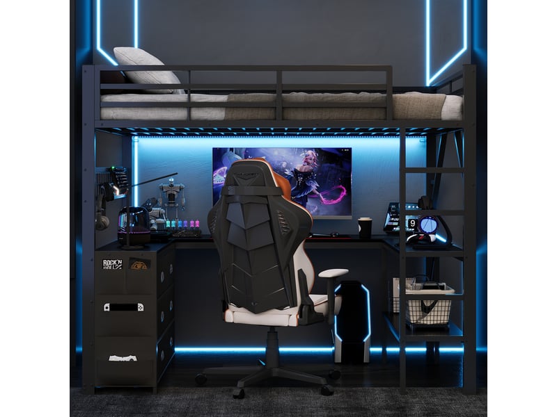  Lit mezzanine gaming 140x200cm en métal avec bureau en u,éclairage led,panneau perforé,6 tiroirs,lit superposé avec penderie,sans matelas,noir  - Conforama B